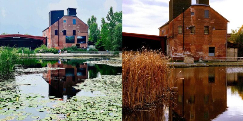 Side by side photos of Evergreen Brick Works in 2021 and 2003