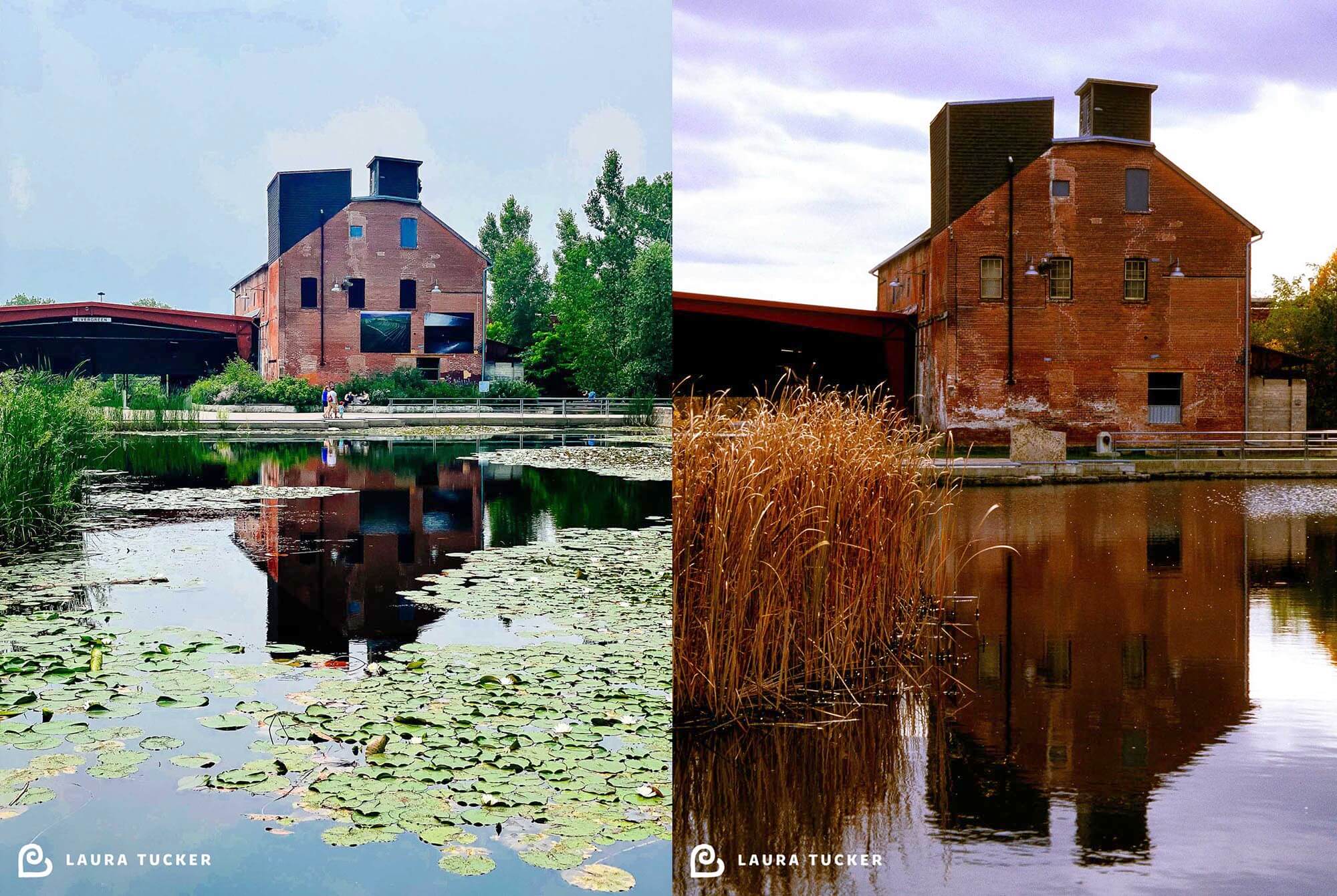 Side by side photos of Evergreen Brick Works in 2021 and 2003